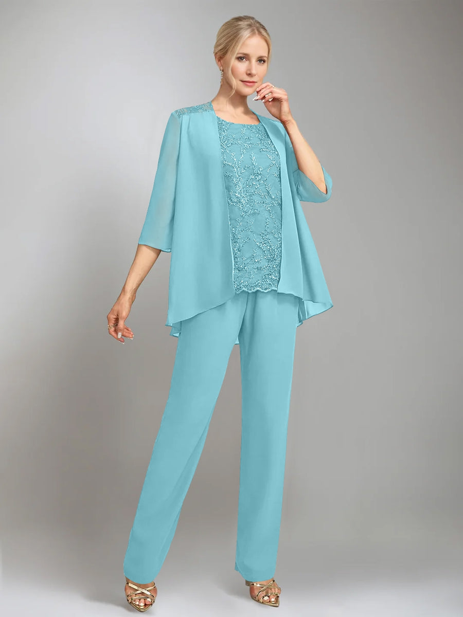 3 Pieces Scoop Sleeveless Floor-Length Mother of the Bride Pantsuits with Jacket