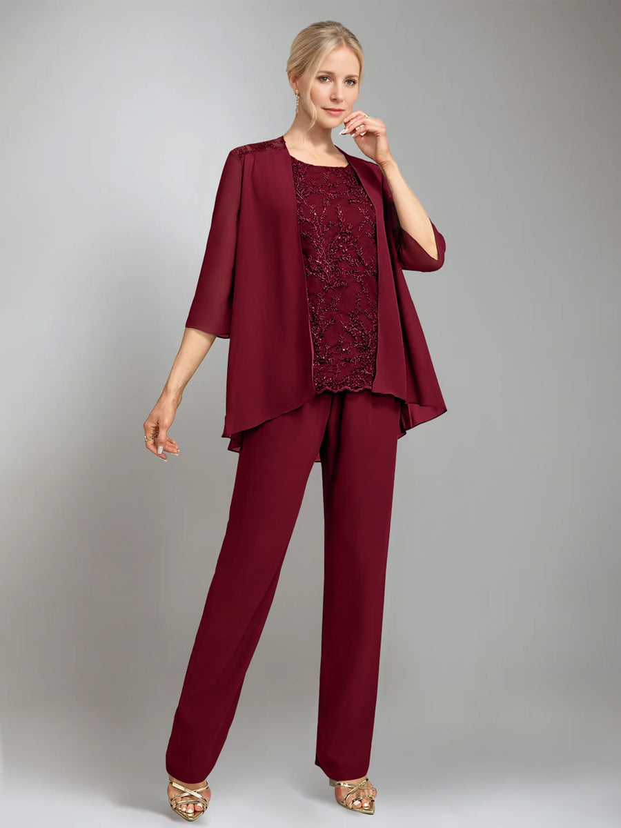 3 Pieces Scoop Sleeveless Floor-Length Mother of the Bride Pantsuits with Jacket