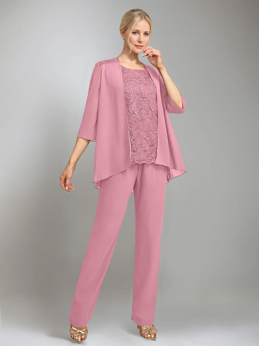 3 Pieces Scoop Sleeveless Floor-Length Mother of the Bride Pantsuits with Jacket