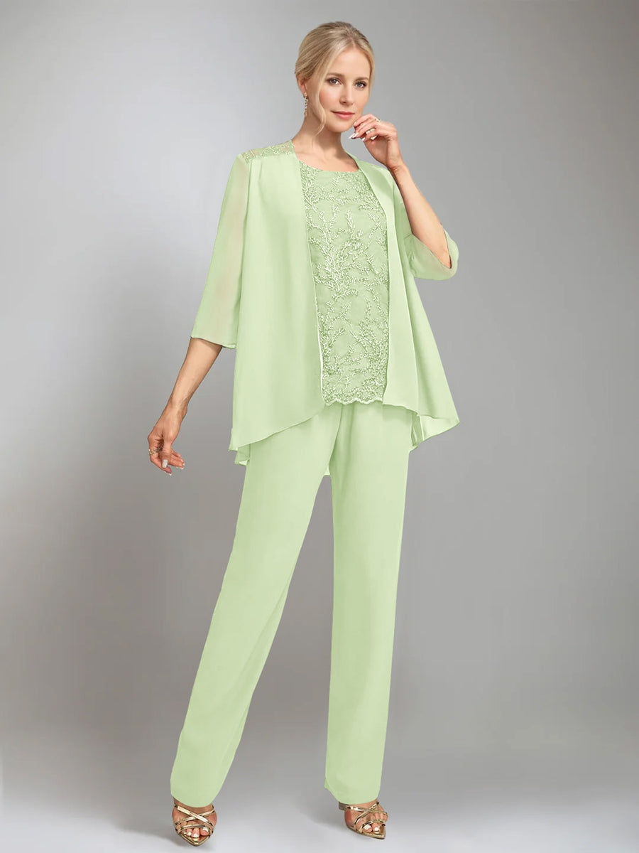 3 Pieces Scoop Sleeveless Floor-Length Mother of the Bride Pantsuits with Jacket