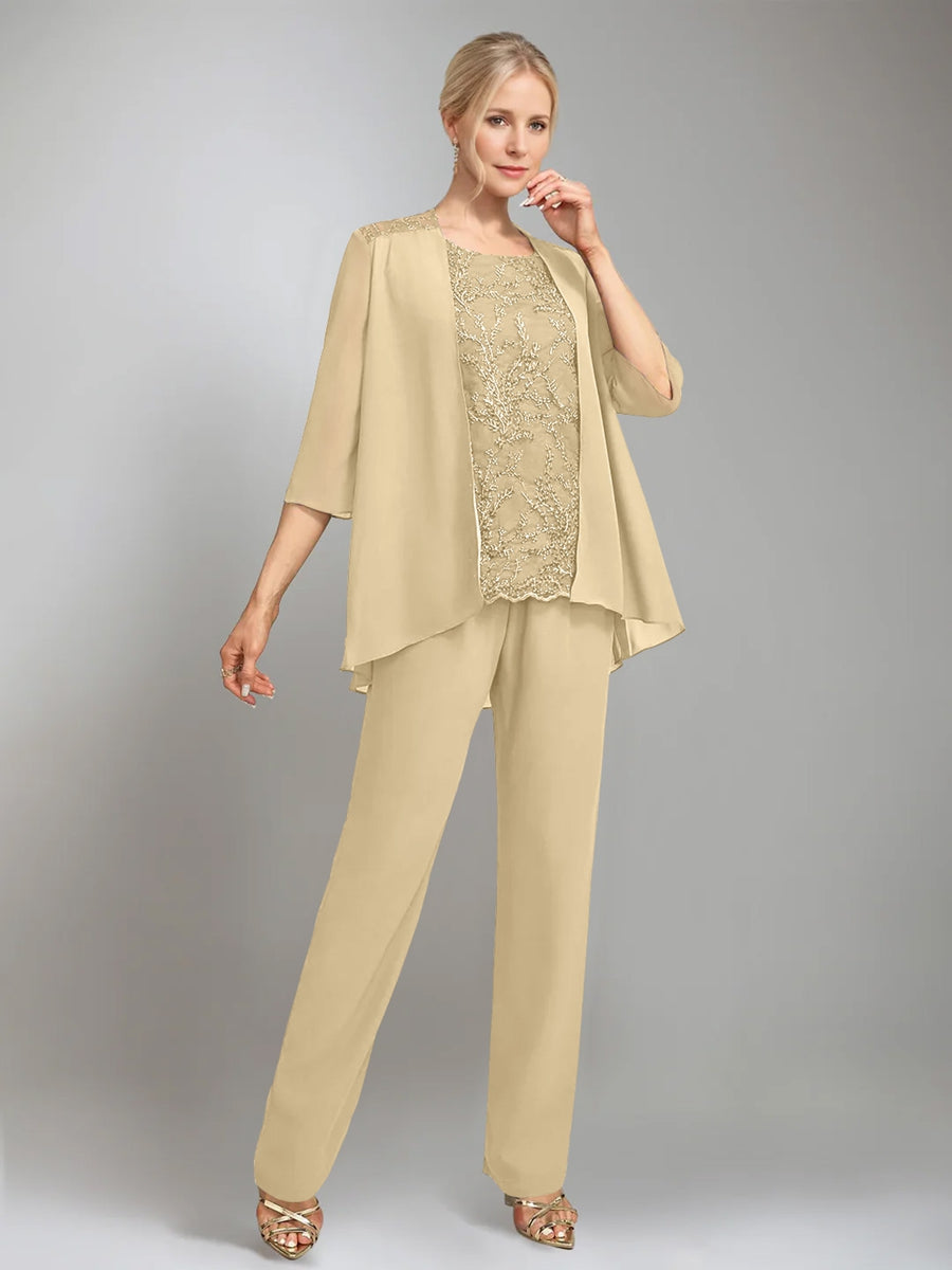 3 Pieces Scoop Sleeveless Floor-Length Mother of the Bride Pantsuits with Jacket