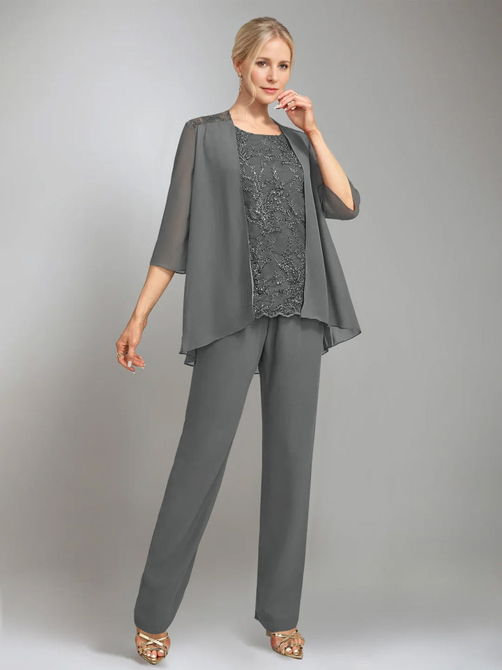 3 Pieces Scoop Sleeveless Floor-Length Mother of the Bride Pantsuits with Jacket