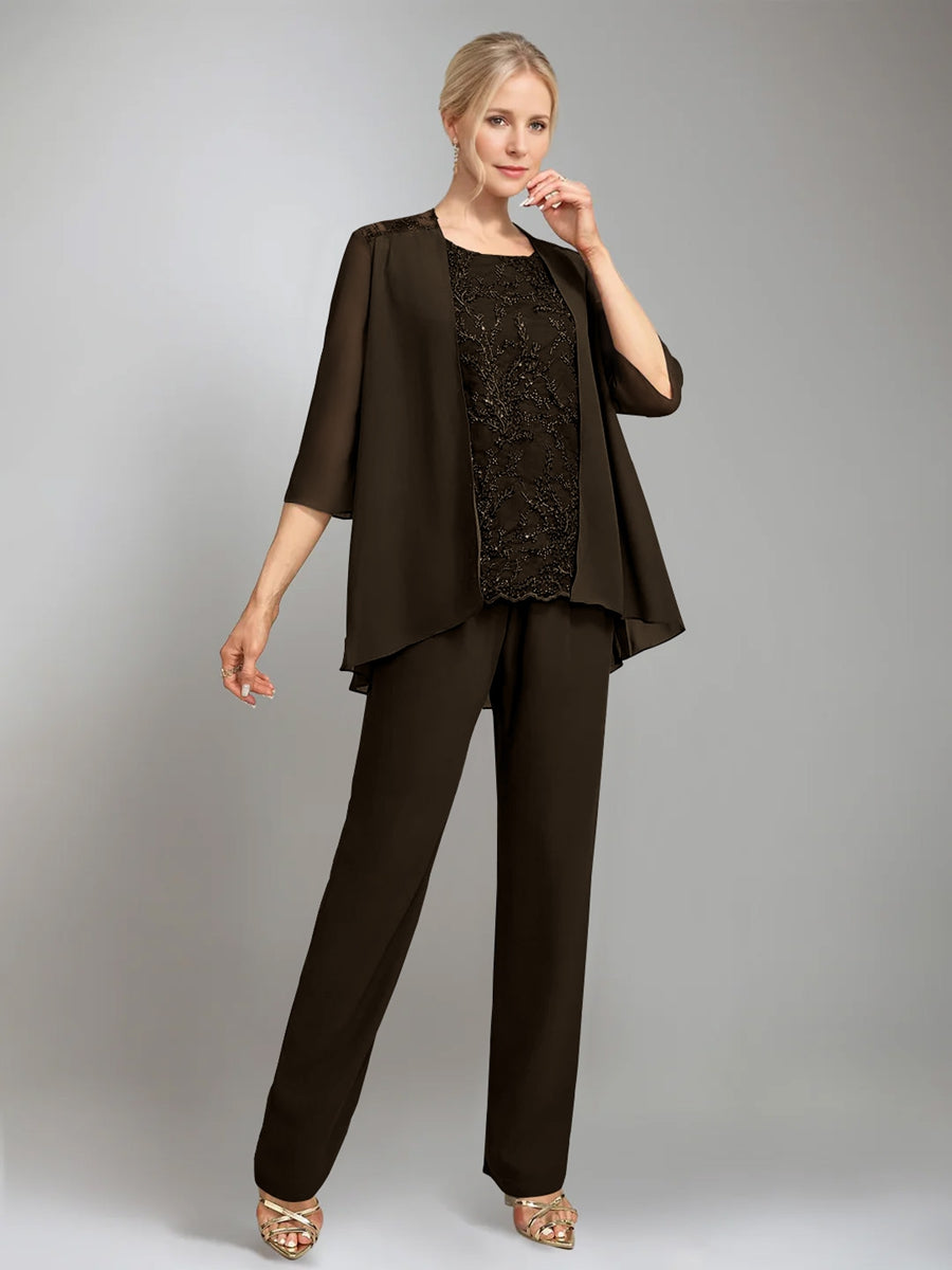 3 Pieces Scoop Sleeveless Floor-Length Mother of the Bride Pantsuits with Jacket