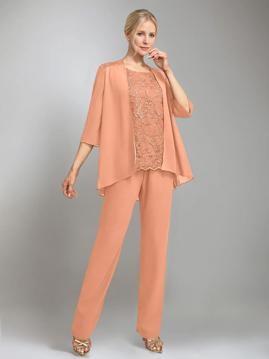 3 Pieces Scoop Sleeveless Floor-Length Mother of the Bride Pantsuits with Jacket