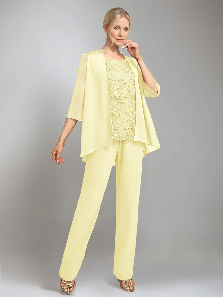 3 Pieces Scoop Sleeveless Floor-Length Mother of the Bride Pantsuits with Jacket