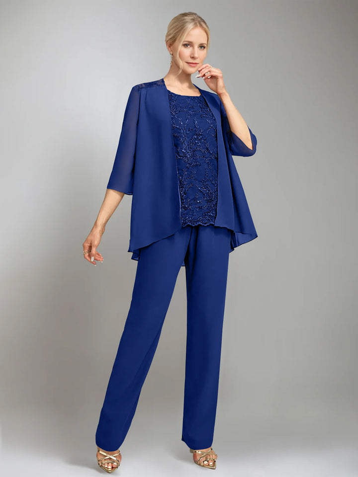 3 Pieces Scoop Sleeveless Floor-Length Mother of the Bride Pantsuits with Jacket