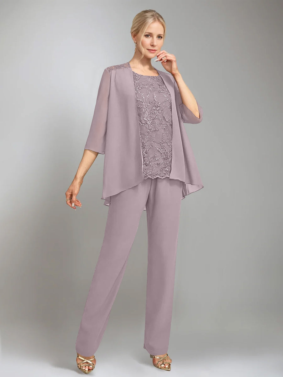 3 Pieces Scoop Sleeveless Floor-Length Mother of the Bride Pantsuits with Jacket