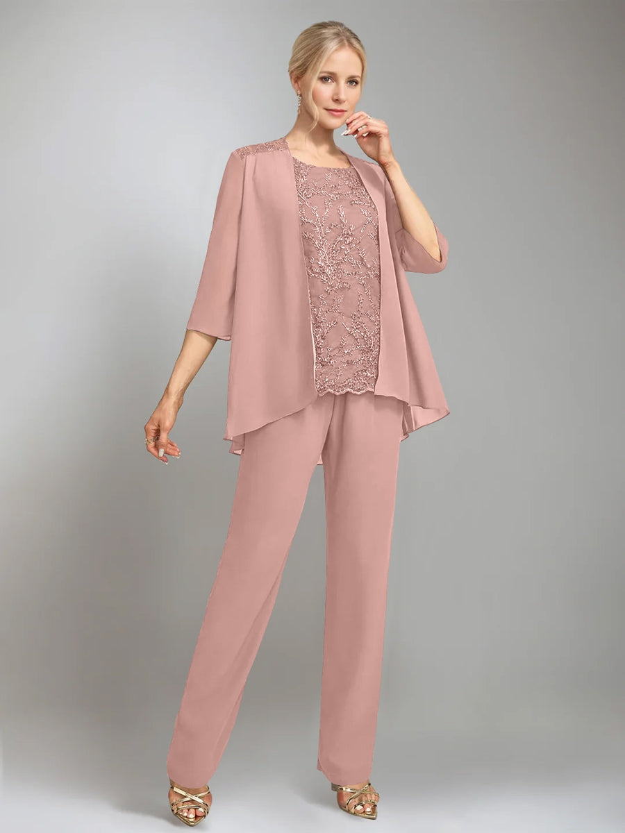 3 Pieces Scoop Sleeveless Floor-Length Mother of the Bride Pantsuits with Jacket