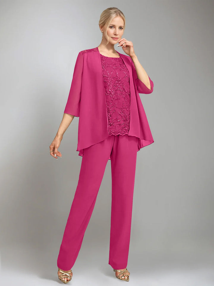 3 Pieces Scoop Sleeveless Floor-Length Mother of the Bride Pantsuits with Jacket