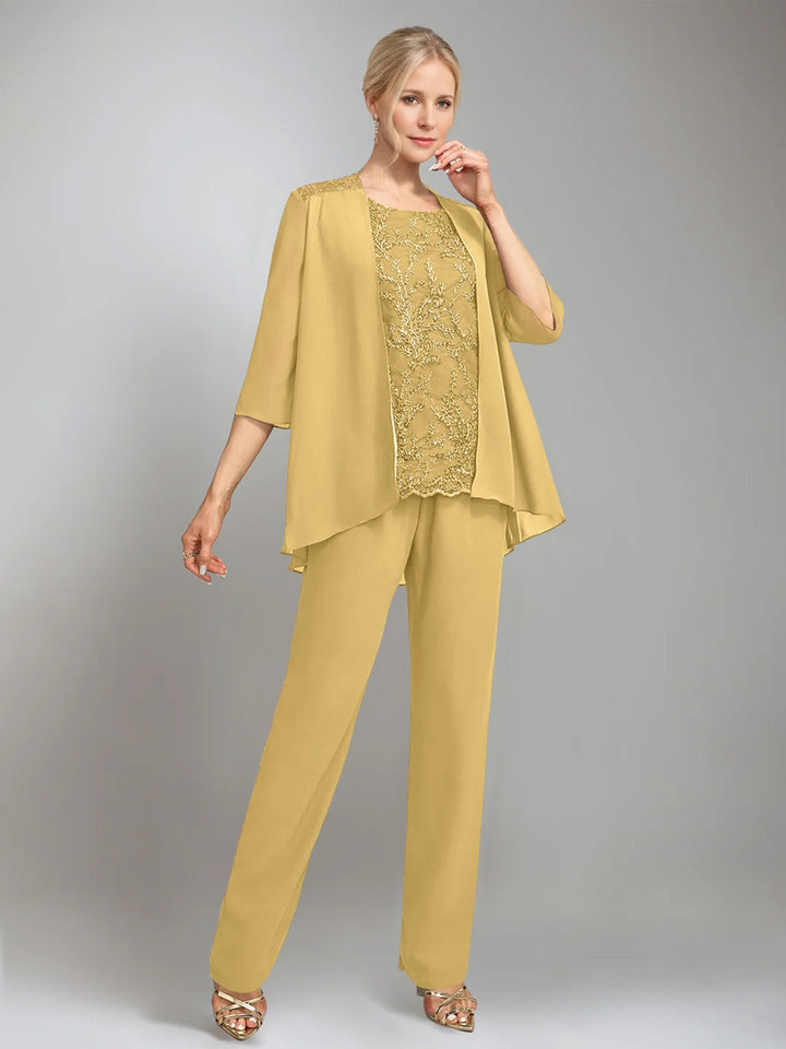 3 Pieces Scoop Sleeveless Floor-Length Mother of the Bride Pantsuits with Jacket