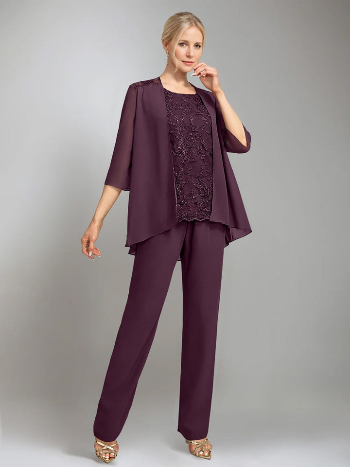 3 Pieces Scoop Sleeveless Floor-Length Mother of the Bride Pantsuits with Jacket