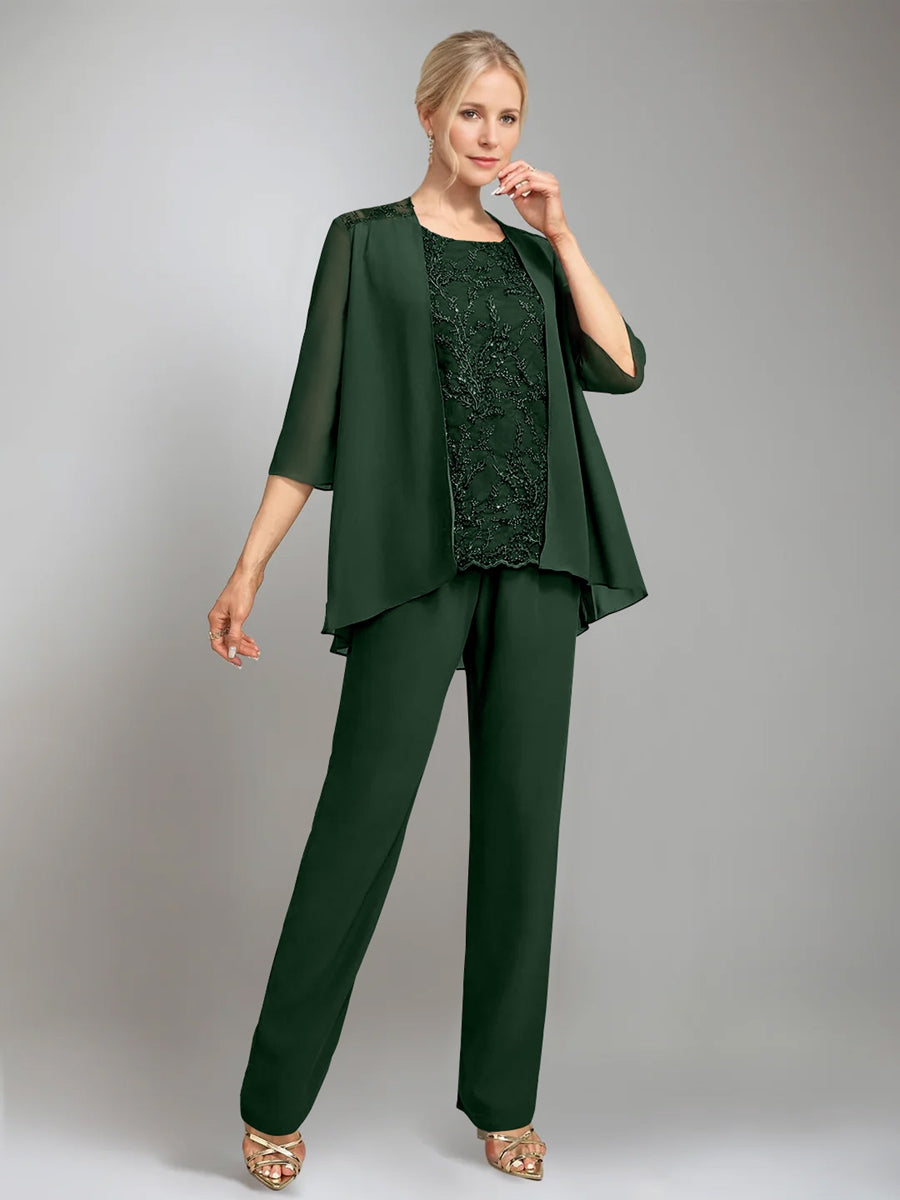 3 Pieces Scoop Sleeveless Floor-Length Mother of the Bride Pantsuits with Jacket