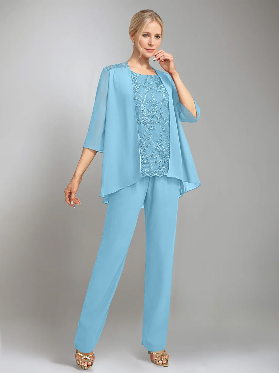 3 Pieces Scoop Sleeveless Floor-Length Mother of the Bride Pantsuits with Jacket