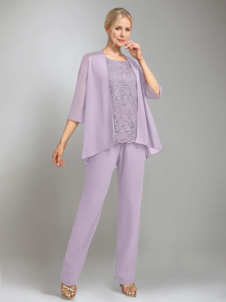 3 Pieces Scoop Sleeveless Floor-Length Mother of the Bride Pantsuits with Jacket