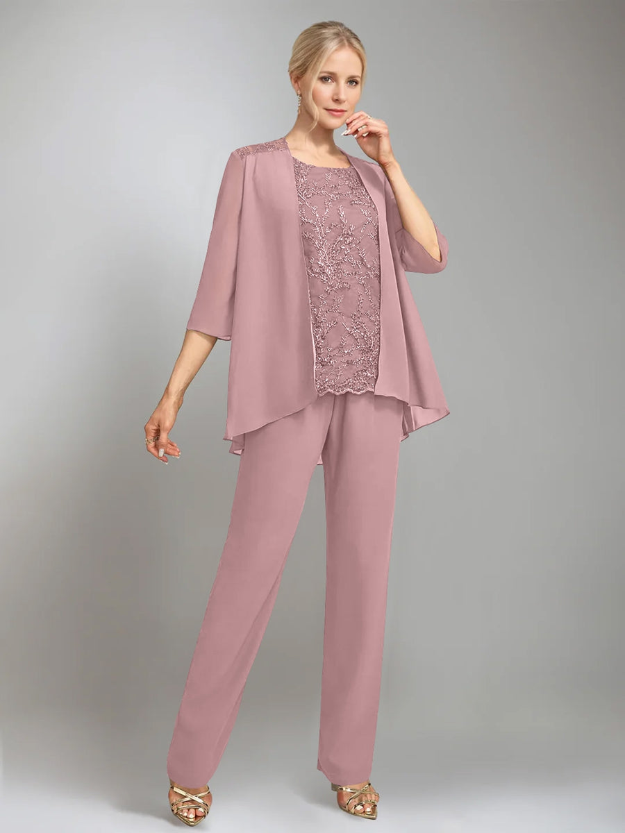 3 Pieces Scoop Sleeveless Floor-Length Mother of the Bride Pantsuits with Jacket