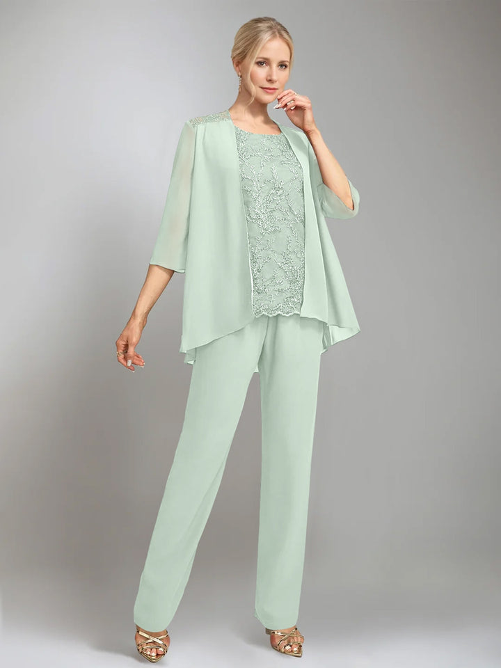 3 Pieces Scoop Sleeveless Floor-Length Mother of the Bride Pantsuits with Jacket