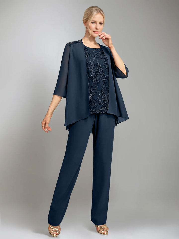 3 Pieces Scoop Sleeveless Floor-Length Mother of the Bride Pantsuits with Jacket