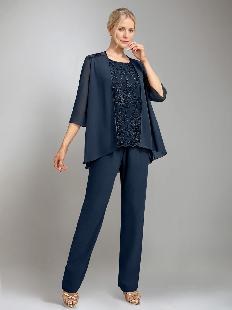 3 Pieces Scoop Sleeveless Floor-Length Mother of the Bride Pantsuits with Jacket