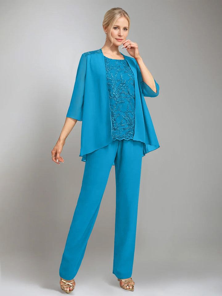 3 Pieces Scoop Sleeveless Floor-Length Mother of the Bride Pantsuits with Jacket