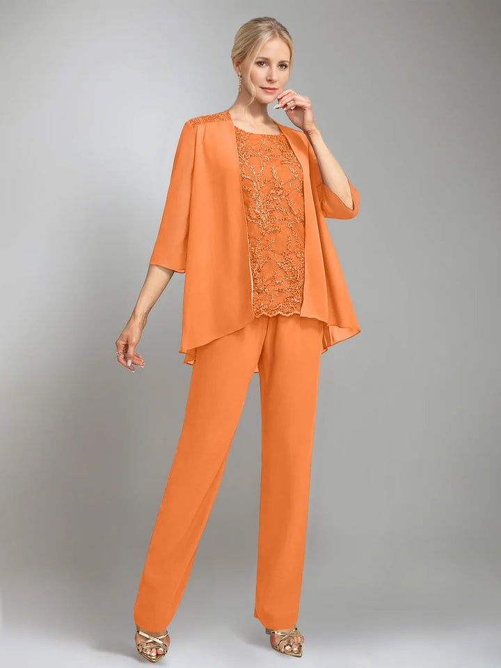 3 Pieces Scoop Sleeveless Floor-Length Mother of the Bride Pantsuits with Jacket