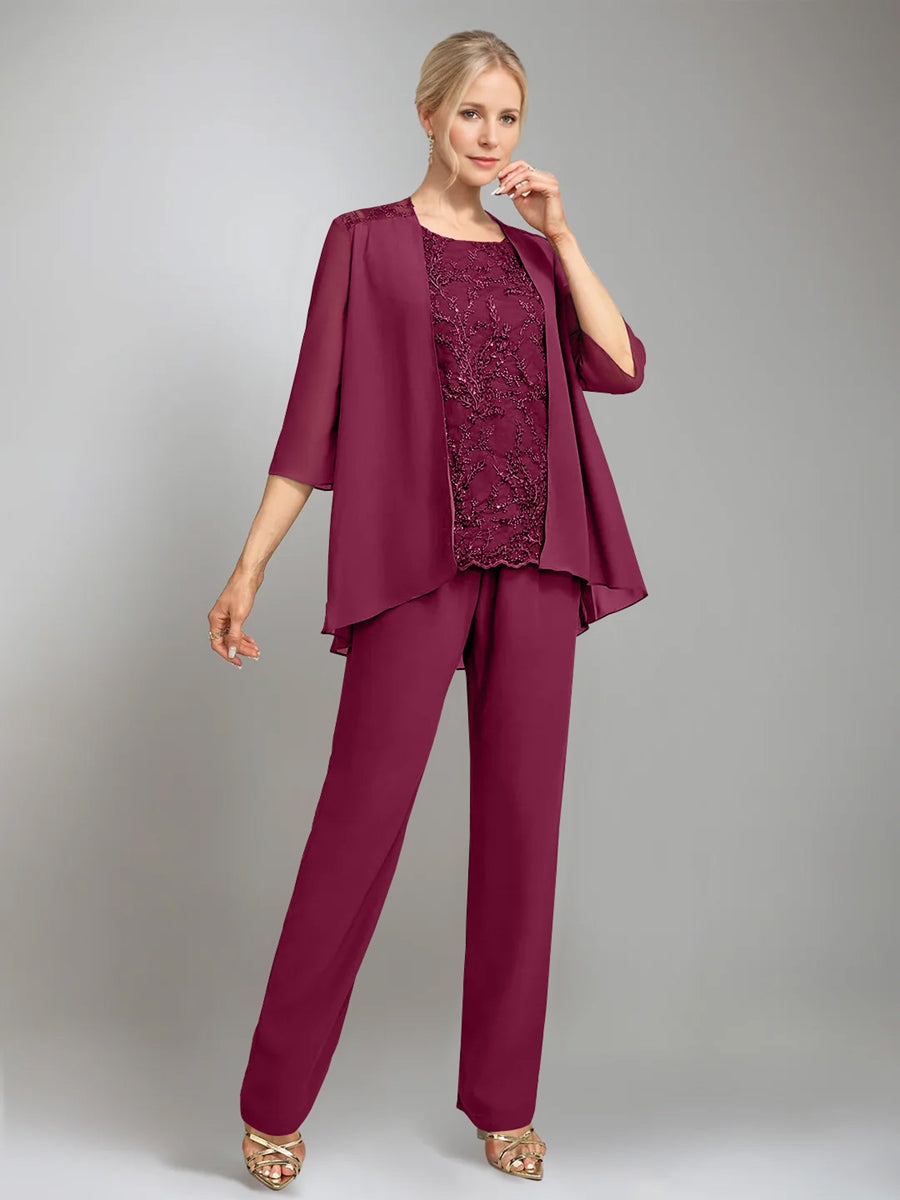 3 Pieces Scoop Sleeveless Floor-Length Mother of the Bride Pantsuits with Jacket