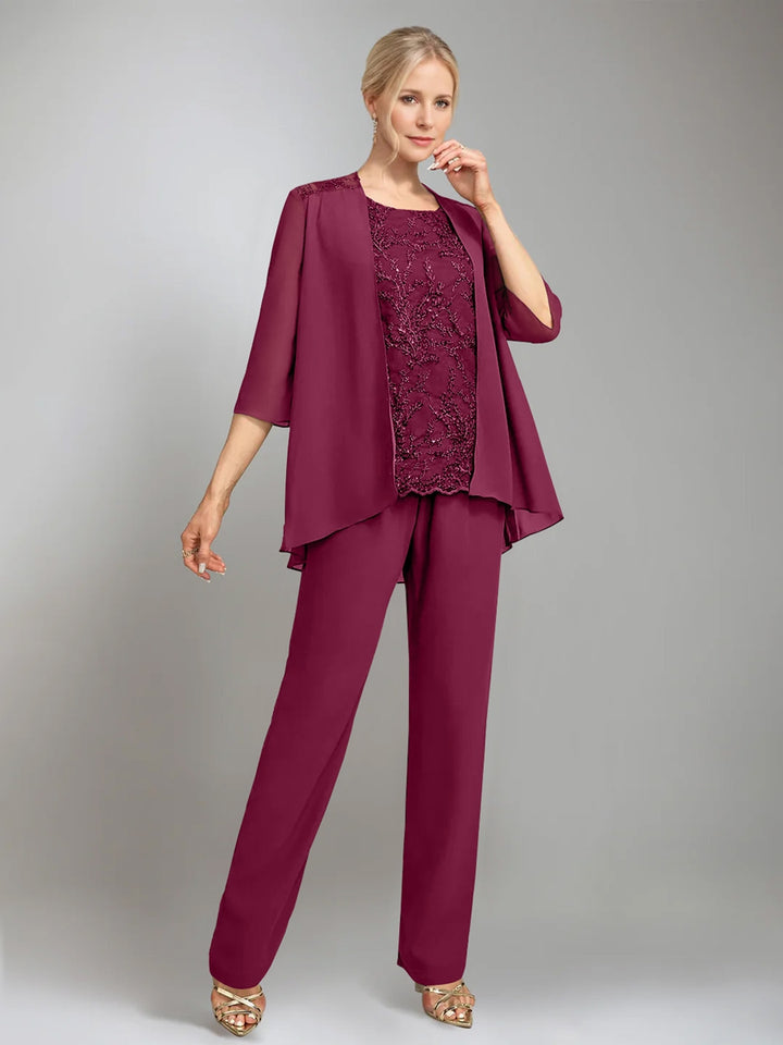 3 Pieces Scoop Sleeveless Floor-Length Mother of the Bride Pantsuits with Jacket