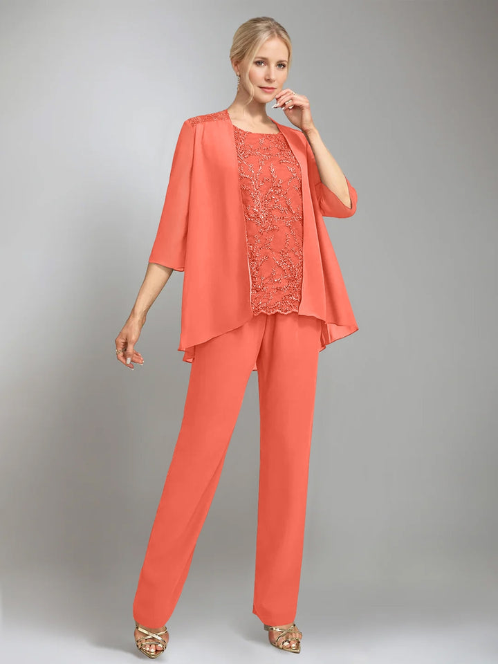 3 Pieces Scoop Sleeveless Floor-Length Mother of the Bride Pantsuits with Jacket