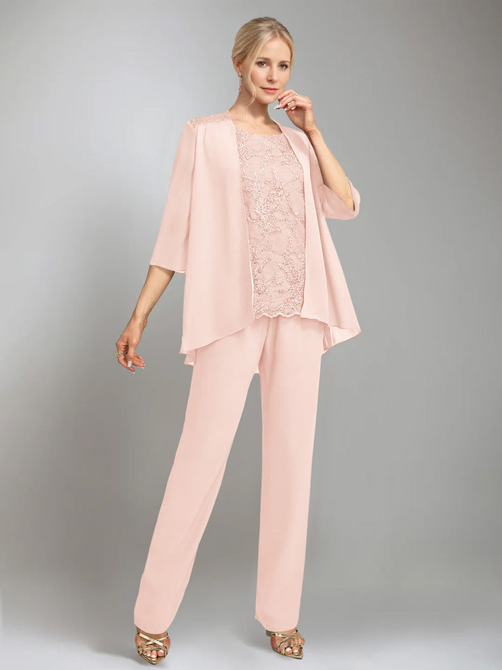 3 Pieces Scoop Sleeveless Floor-Length Mother of the Bride Pantsuits with Jacket