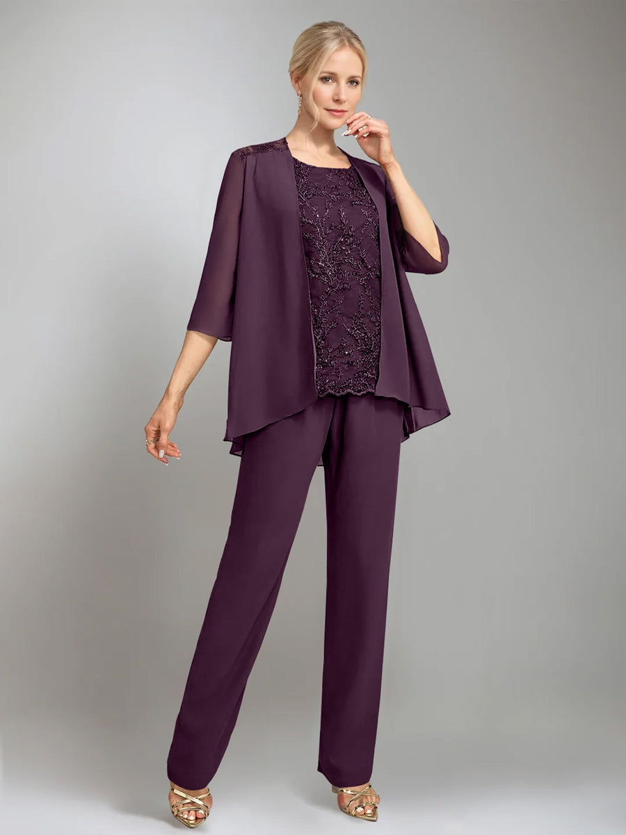 3 Pieces Scoop Sleeveless Floor-Length Mother of the Bride Pantsuits with Jacket