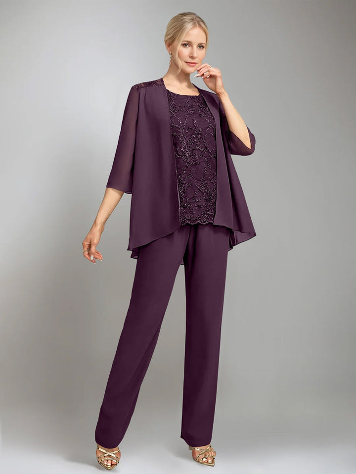 3 Pieces Scoop Sleeveless Floor-Length Mother of the Bride Pantsuits with Jacket