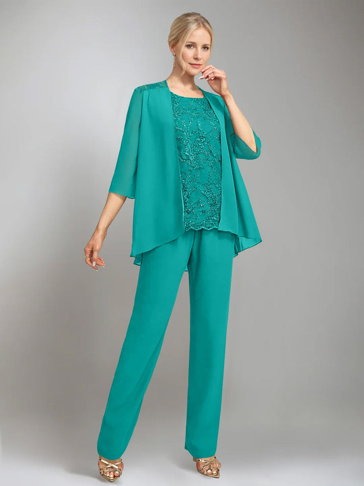 3 Pieces Scoop Sleeveless Floor-Length Mother of the Bride Pantsuits with Jacket