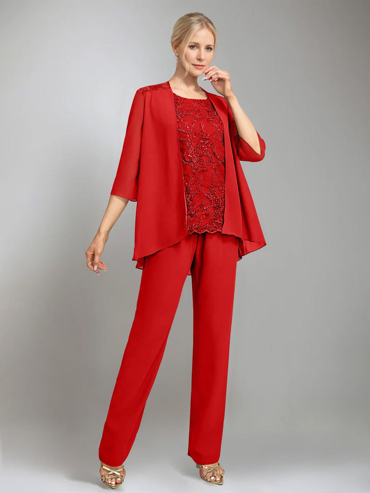 3 Pieces Scoop Sleeveless Floor-Length Mother of the Bride Pantsuits with Jacket