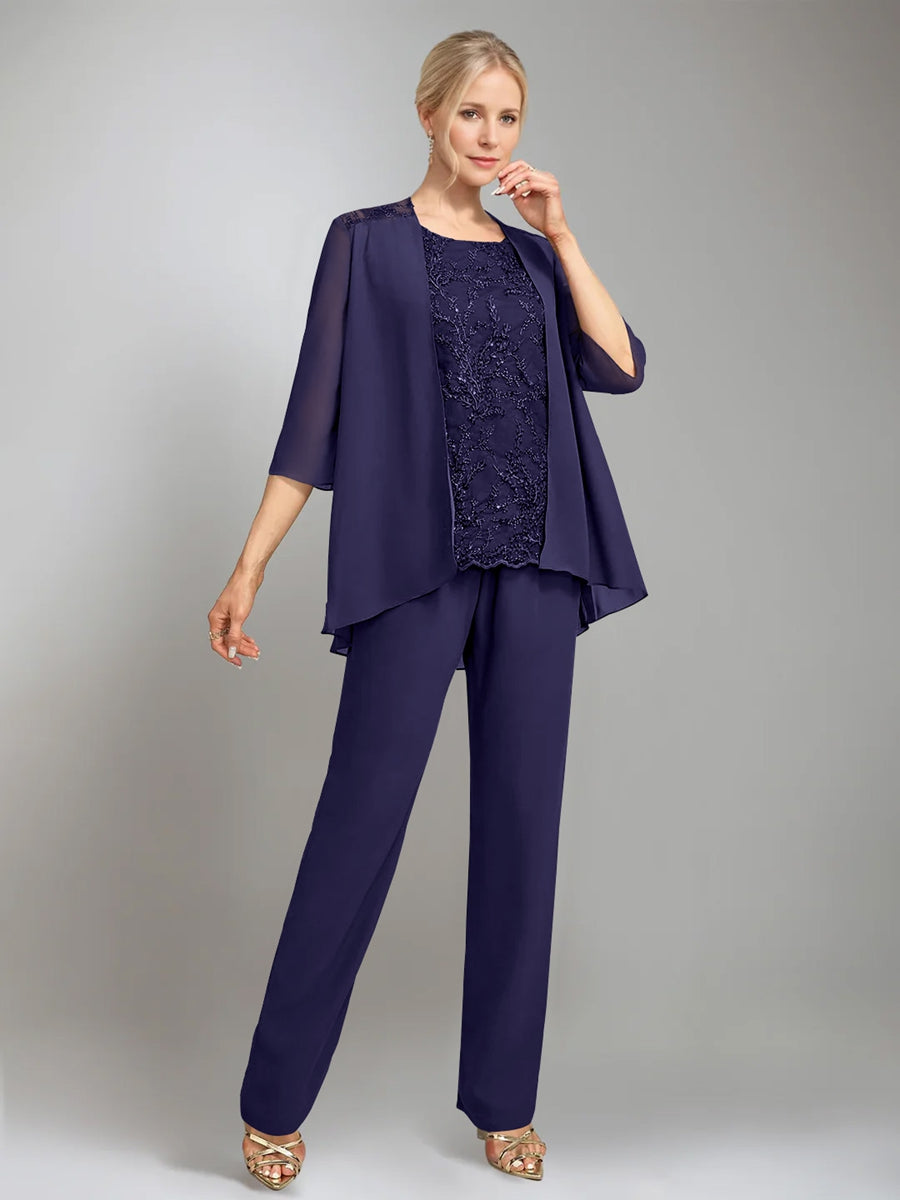 3 Pieces Scoop Sleeveless Floor-Length Mother of the Bride Pantsuits with Jacket