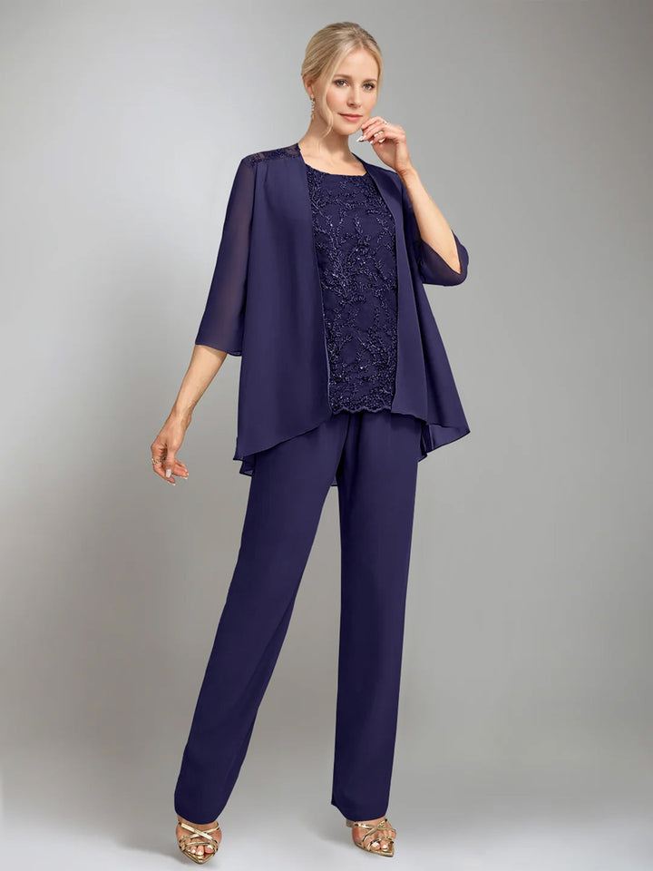 3 Pieces Scoop Sleeveless Floor-Length Mother of the Bride Pantsuits with Jacket