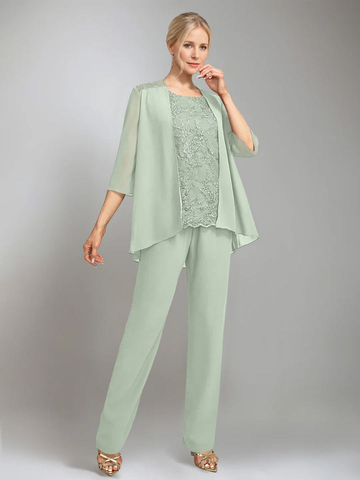 3 Pieces Scoop Sleeveless Floor-Length Mother of the Bride Pantsuits with Jacket