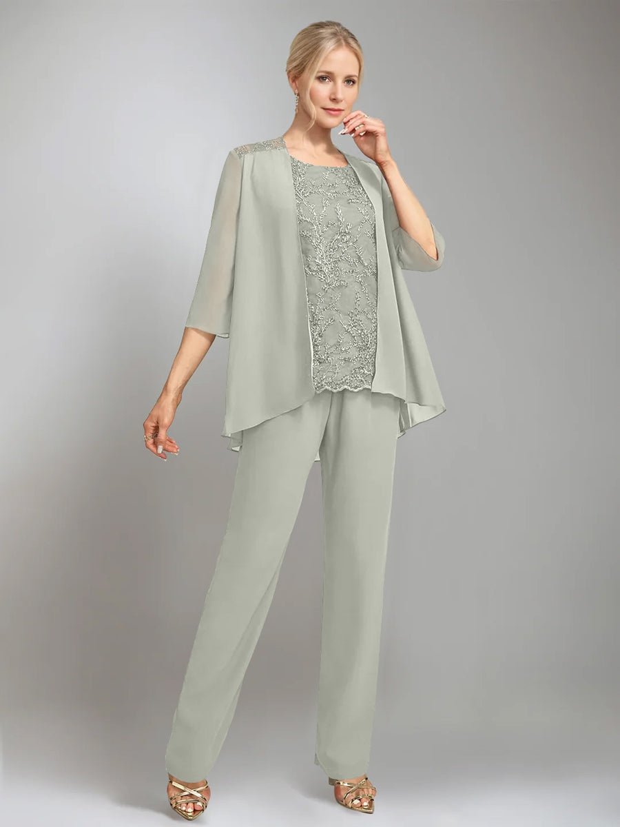 3 Pieces Scoop Sleeveless Floor-Length Mother of the Bride Pantsuits with Jacket