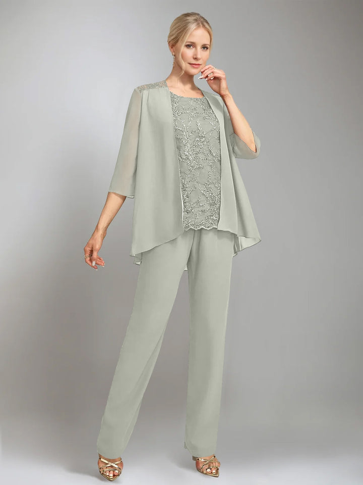 3 Pieces Scoop Sleeveless Floor-Length Mother of the Bride Pantsuits with Jacket