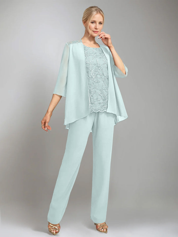 3 Pieces Scoop Sleeveless Floor-Length Mother of the Bride Pantsuits with Jacket