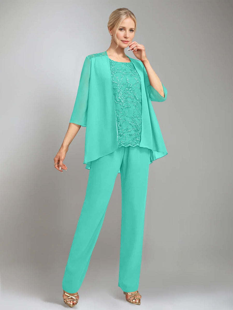 3 Pieces Scoop Sleeveless Floor-Length Mother of the Bride Pantsuits with Jacket