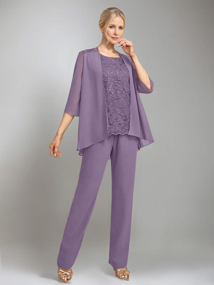 3 Pieces Scoop Sleeveless Floor-Length Mother of the Bride Pantsuits with Jacket