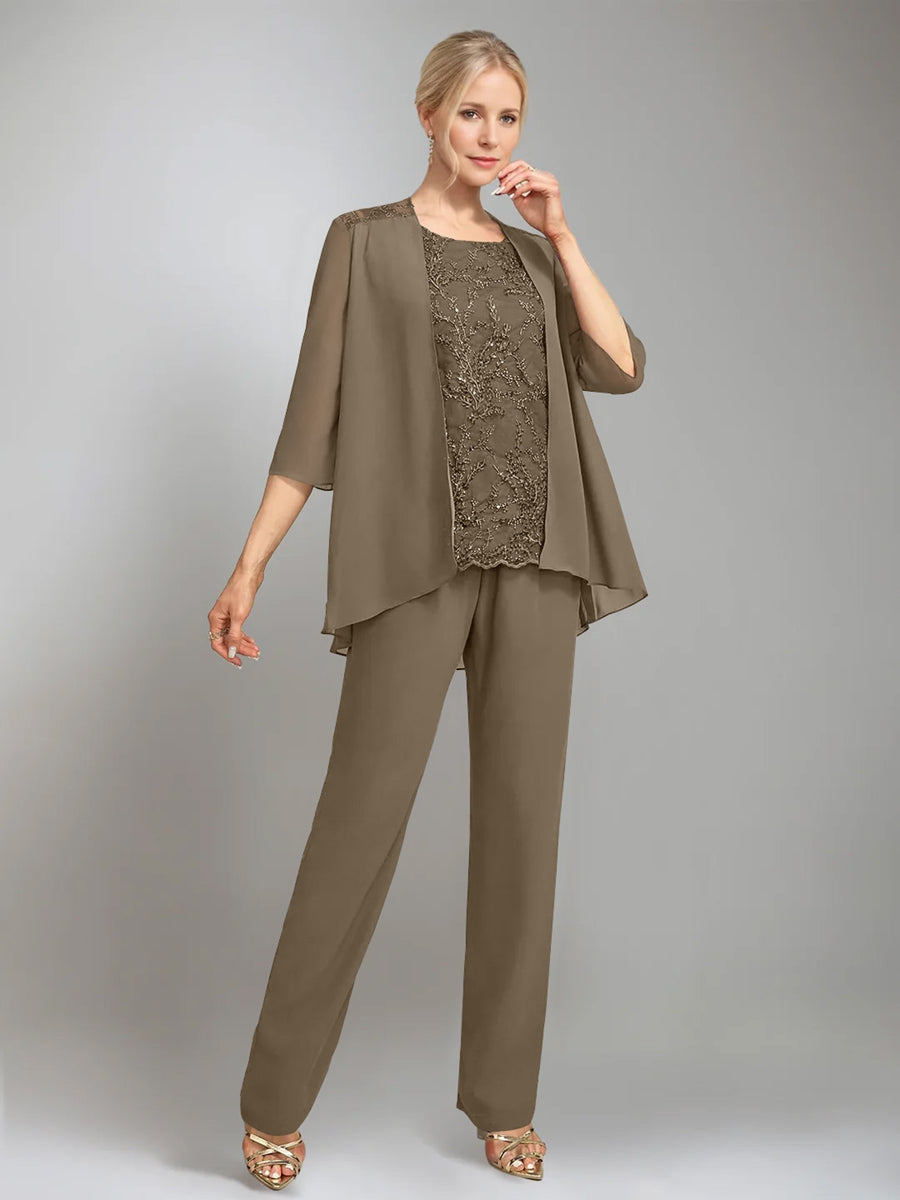 3 Pieces Scoop Sleeveless Floor-Length Mother of the Bride Pantsuits with Jacket