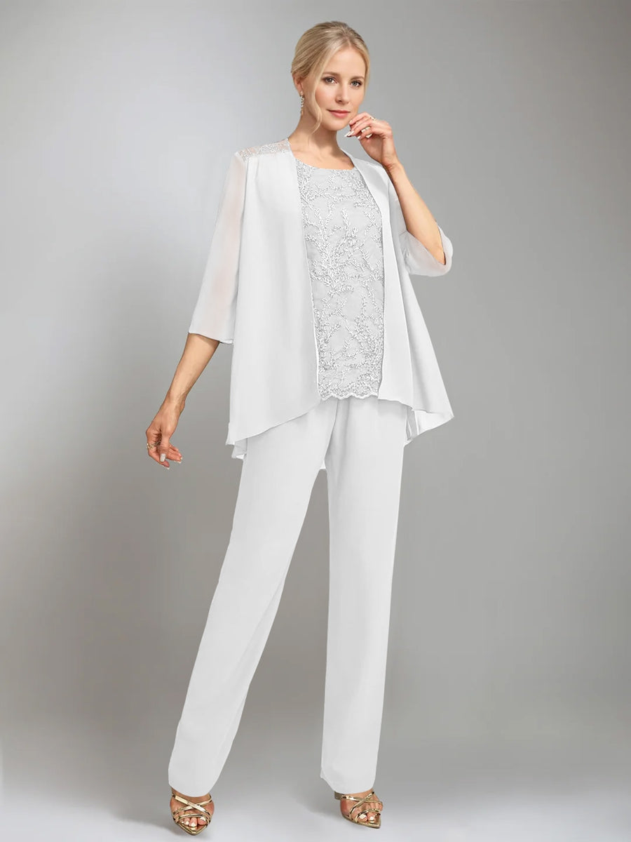 3 Pieces Scoop Sleeveless Floor-Length Mother of the Bride Pantsuits with Jacket