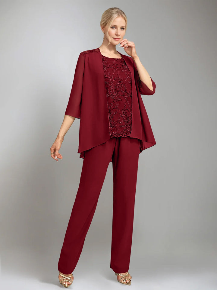 3 Pieces Scoop Sleeveless Floor-Length Mother of the Bride Pantsuits with Jacket