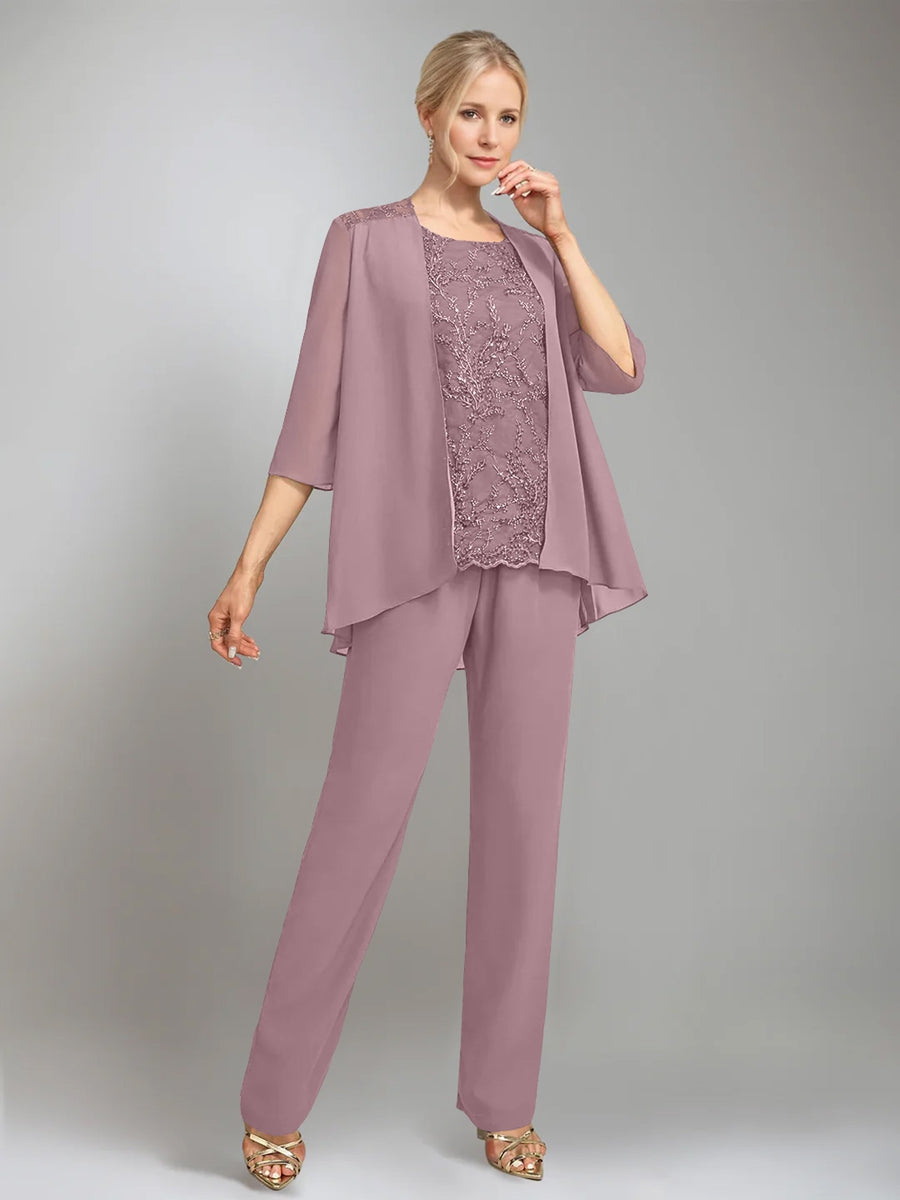 3 Pieces Scoop Sleeveless Floor-Length Mother of the Bride Pantsuits with Jacket