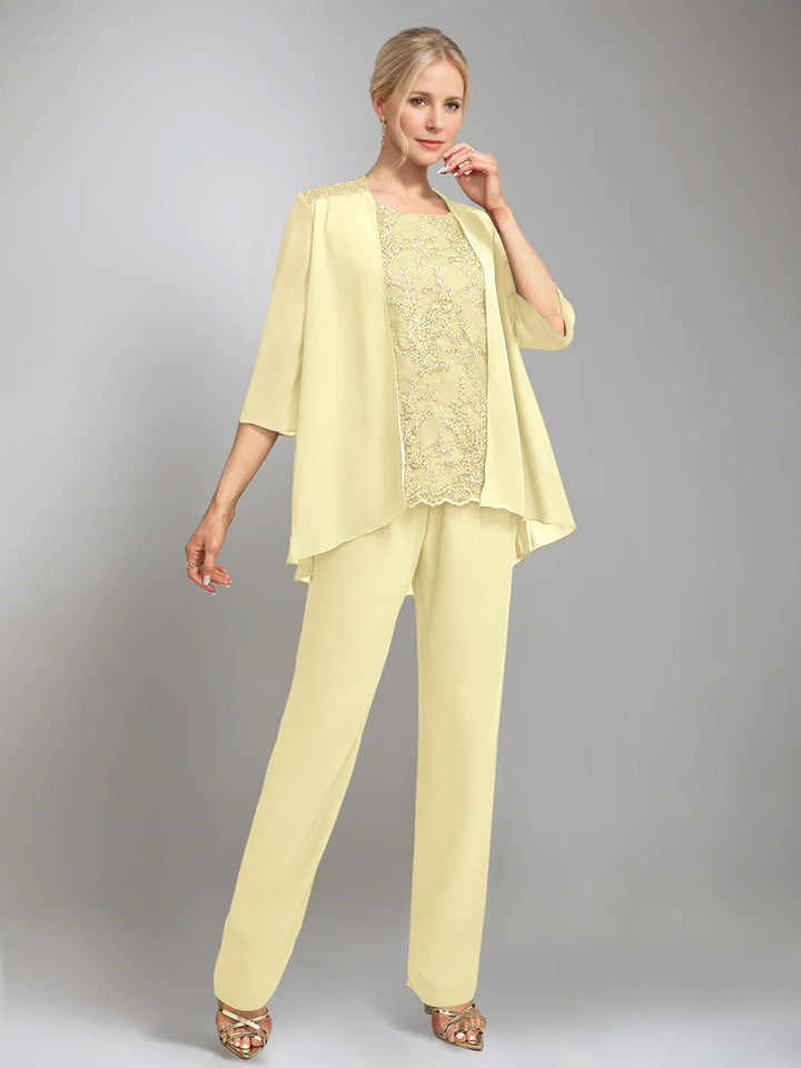 3 Pieces Scoop Sleeveless Floor-Length Mother of the Bride Pantsuits with Jacket