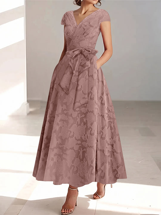 A-Line/Princess V-Neck Short Sleeves Ankle-Length Rose Lace Applique Mother of the Bride Dresses With Pockets & Ruffles