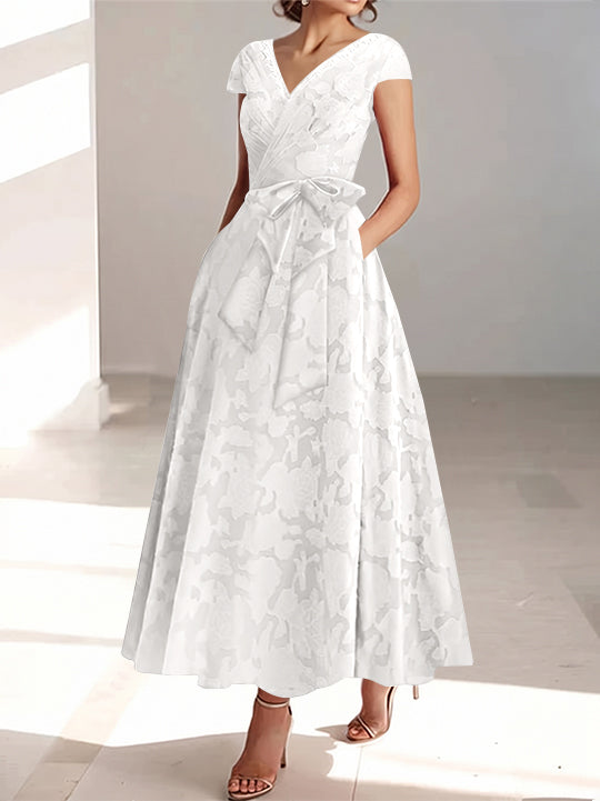 A-Line/Princess V-Neck Short Sleeves Ankle-Length Rose Lace Applique Mother of the Bride Dresses With Pockets & Ruffles