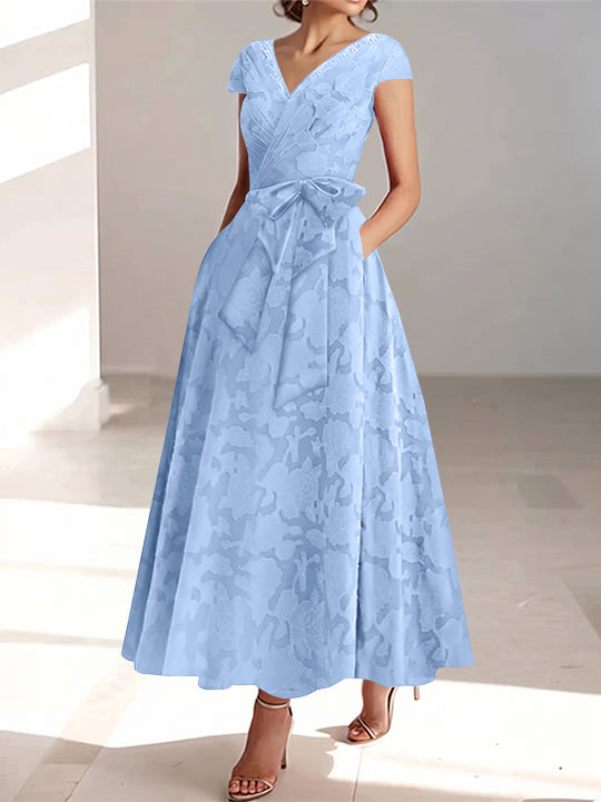 A-Line/Princess V-Neck Short Sleeves Ankle-Length Rose Lace Applique Mother of the Bride Dresses With Pockets & Ruffles