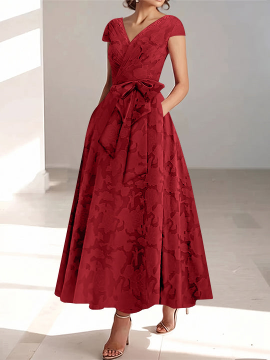 A-Line/Princess V-Neck Short Sleeves Ankle-Length Rose Lace Applique Mother of the Bride Dresses With Pockets & Ruffles