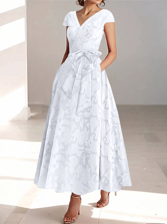 A-Line/Princess V-Neck Short Sleeves Ankle-Length Rose Lace Applique Mother of the Bride Dresses With Pockets & Ruffles